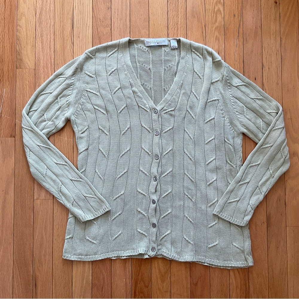 Vintage Silk Cable Knit Cardigan Sage Green Button Front V-Neck Large Cottage